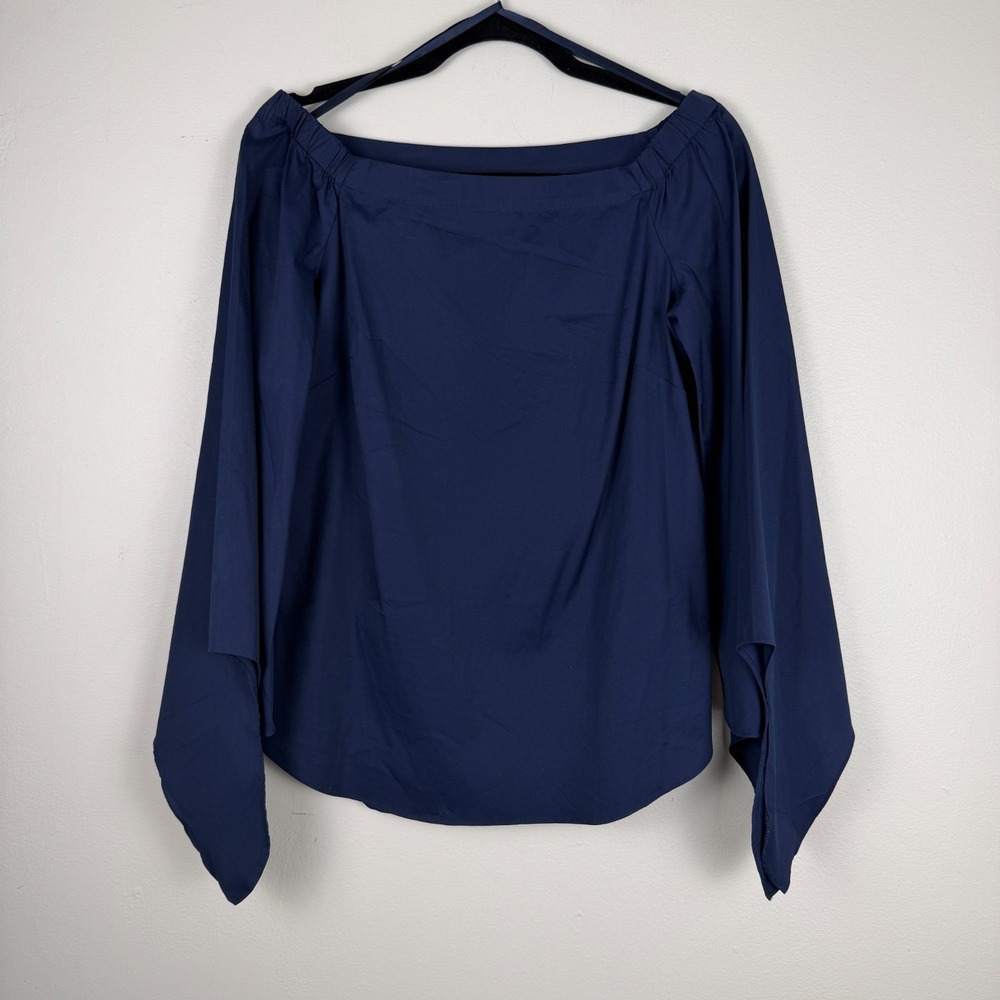 White House Black Market Blouse Women's XS Navy Blue Off The Shoulder Tie Sleeve
